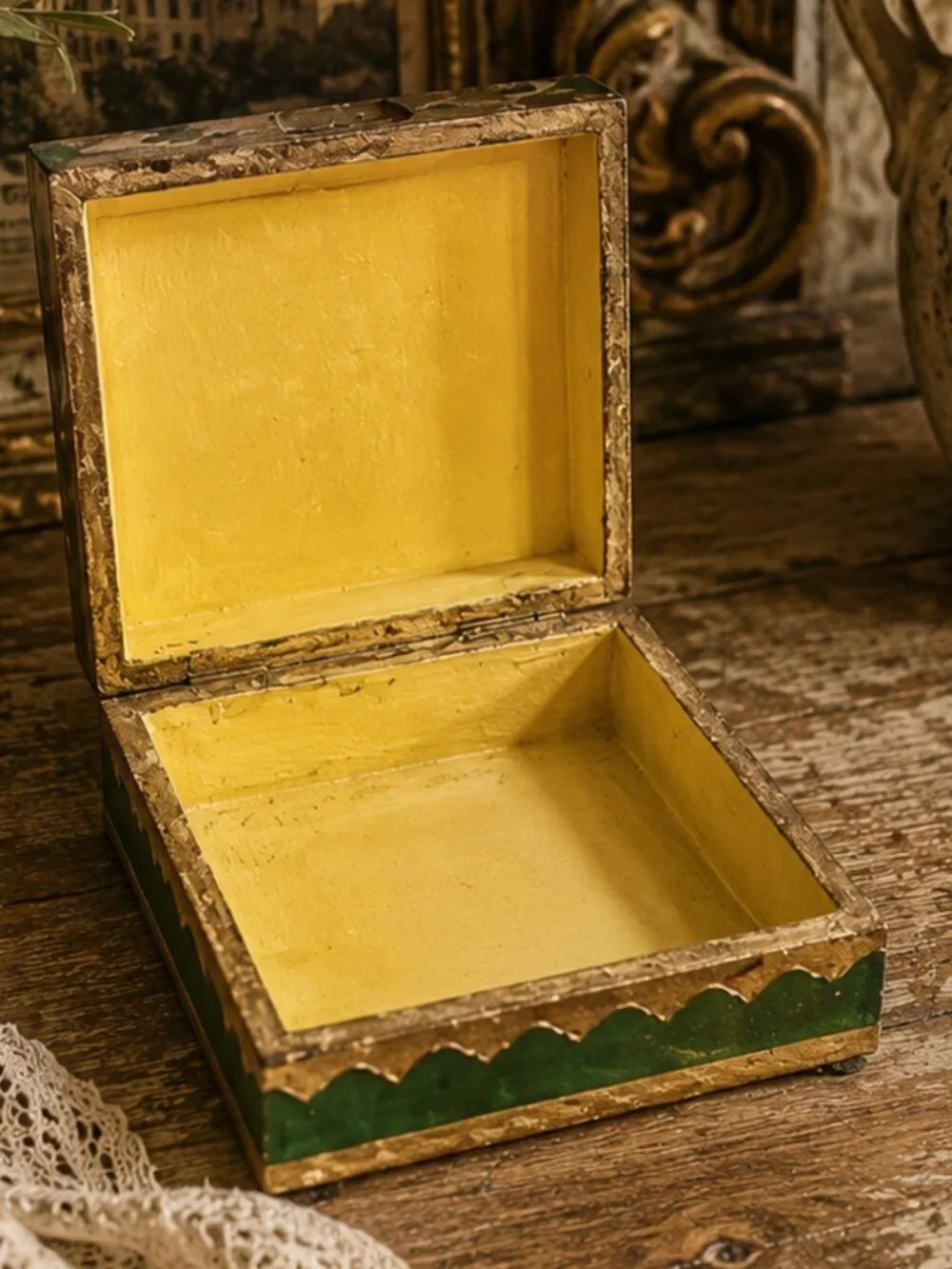 Vintage Large Italian Florentine Hand-Painted Carved Wooden Jewelry Box
